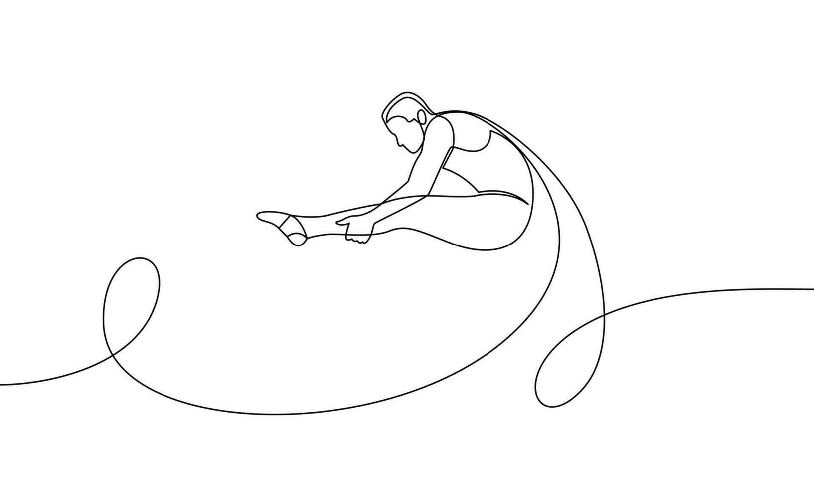 Single continuous drawing of an athlete performing complex twists and somersaults. Trampoline. One line vector illustration