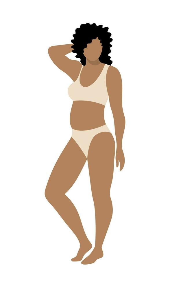 Beautiful plus size dark-skinned woman in a bikini. Female curvy character. Positive body concept. Isolated vector illustration