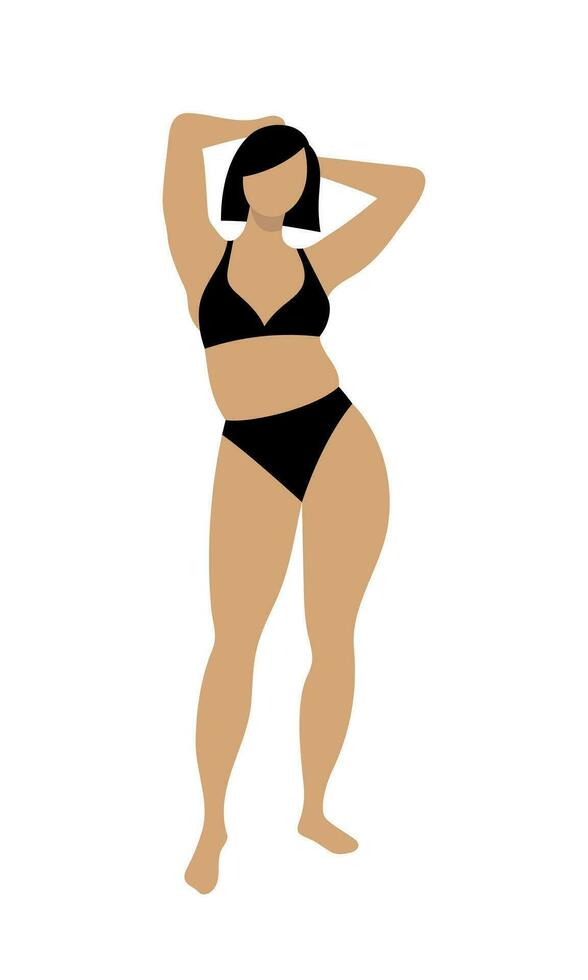 Beautiful plus size woman in a black bikini. Female curvy character. Positive body concept. Isolated vector illustration