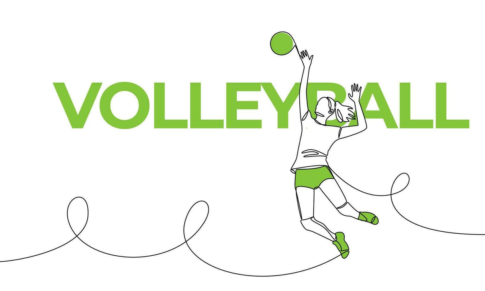Single continuous drawing of female professional volleyball player. Volleyball, beach volleyball. Colored elements and title. One line vector