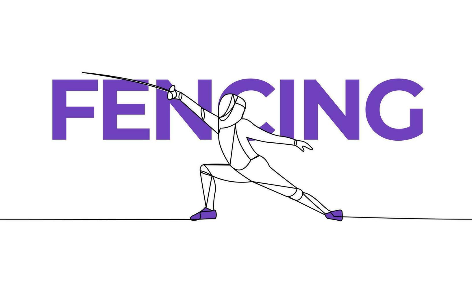 Single continuous fencer pattern. Type of sport, Fencing. Colored elements and title. One line vector