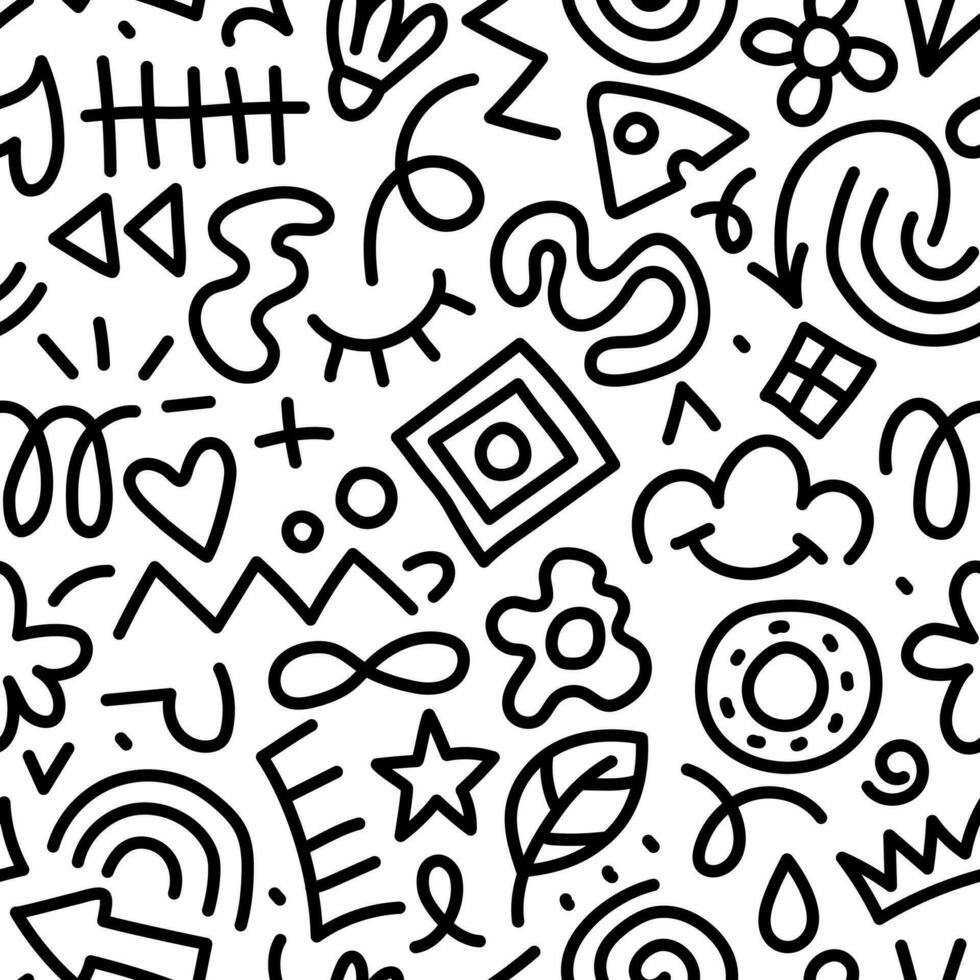 Fun black and white abstract lines doodle seamless pattern. Creative minimalist art background, trendy design with different shapes. Vector line illustration