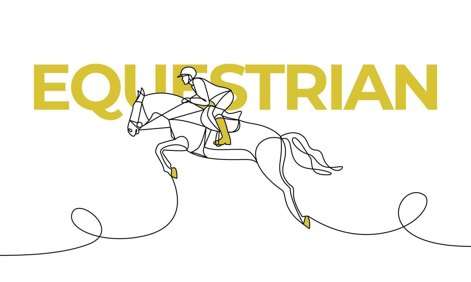Single continuous drawing rider with a bay horse in a show jumping show. Equestrian. Colored elements and title. One line vector