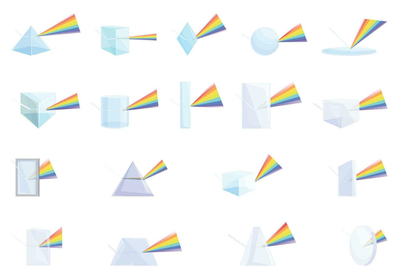 prisma ligero refracción efecto íconos conjunto dibujos animados vector. arco iris prisma lente vector