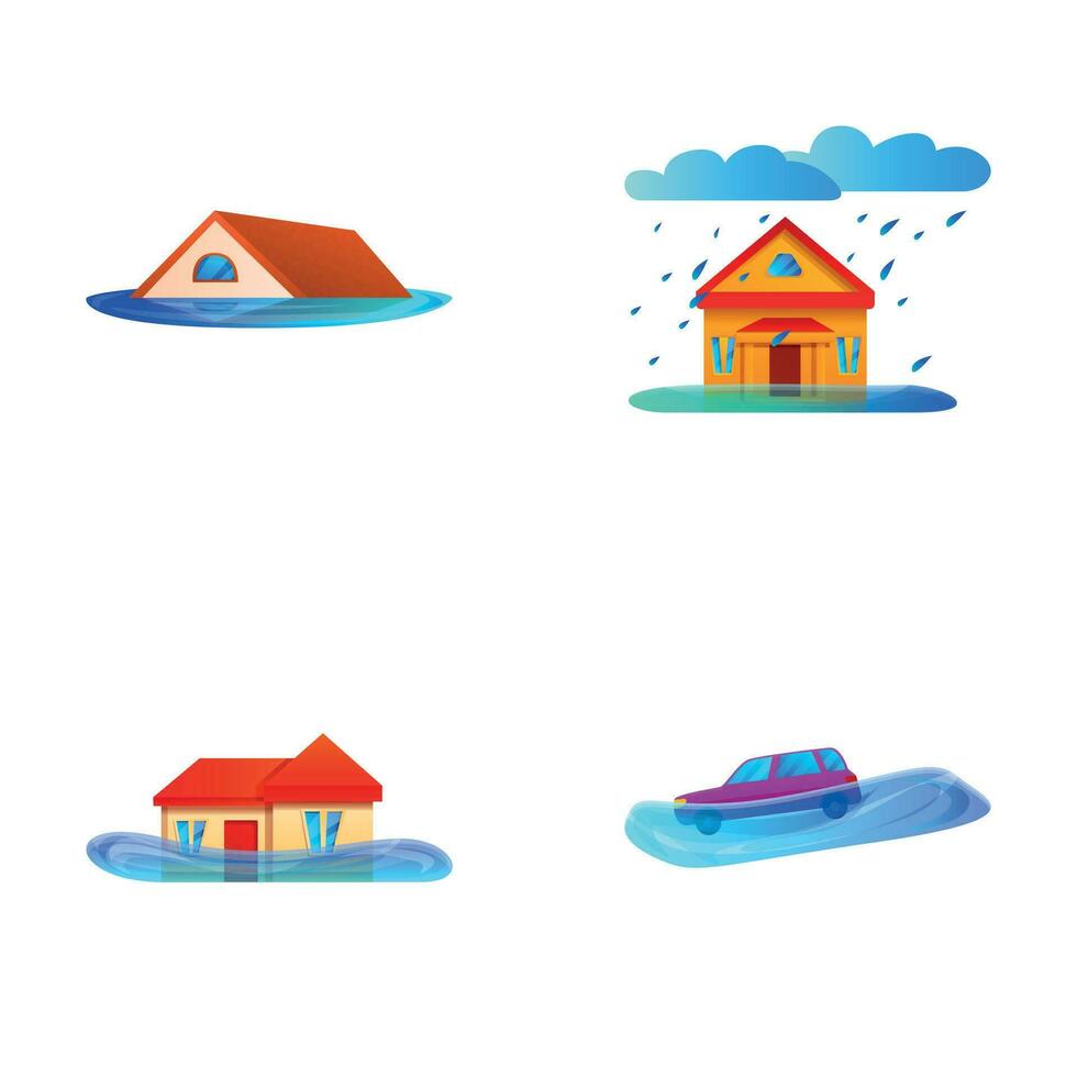 Flood icons set cartoon vector. House and vehicle in water vector