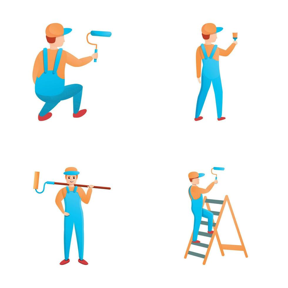 House painter icons set cartoon vector. Repairman during painting work vector
