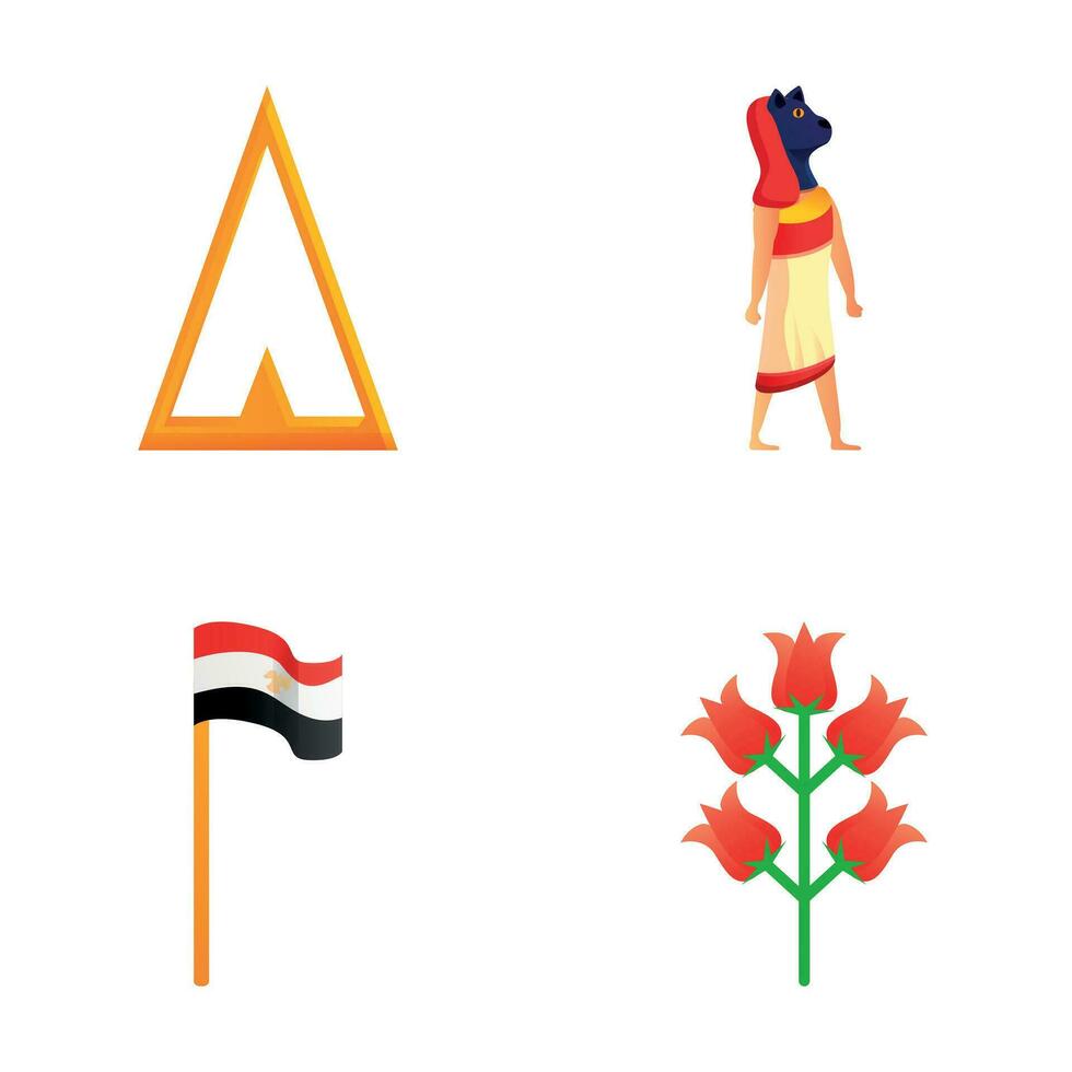 Egypt symbol icons set cartoon vector. Egyptian deity country flag and flower vector