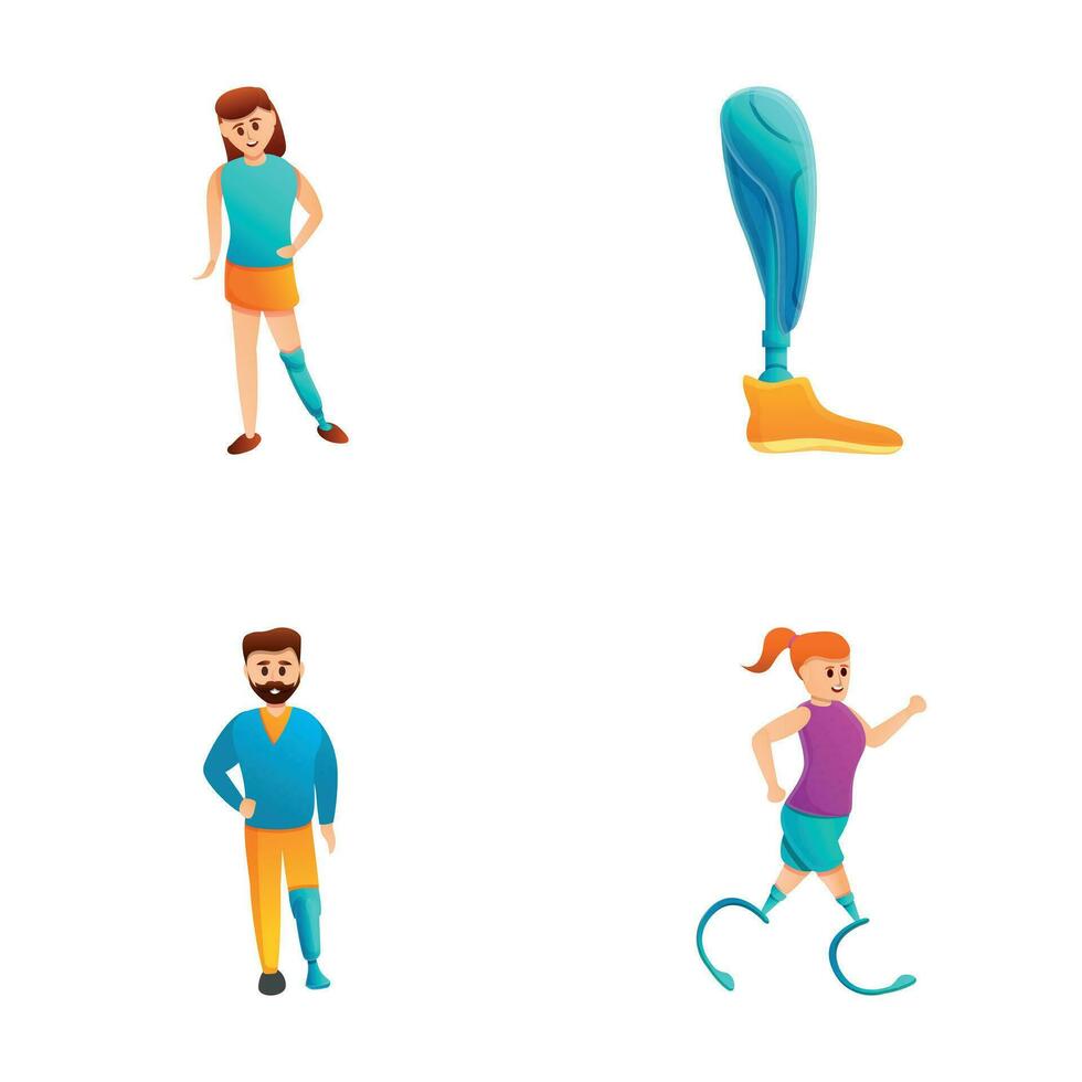 Disability icons set cartoon vector. Human with prosthesis play sport vector