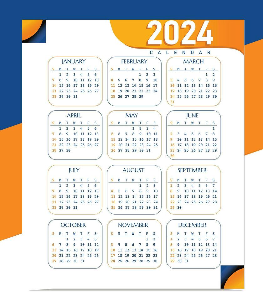 Stylish 2024 blue and yellow annual planner calendar template. vector