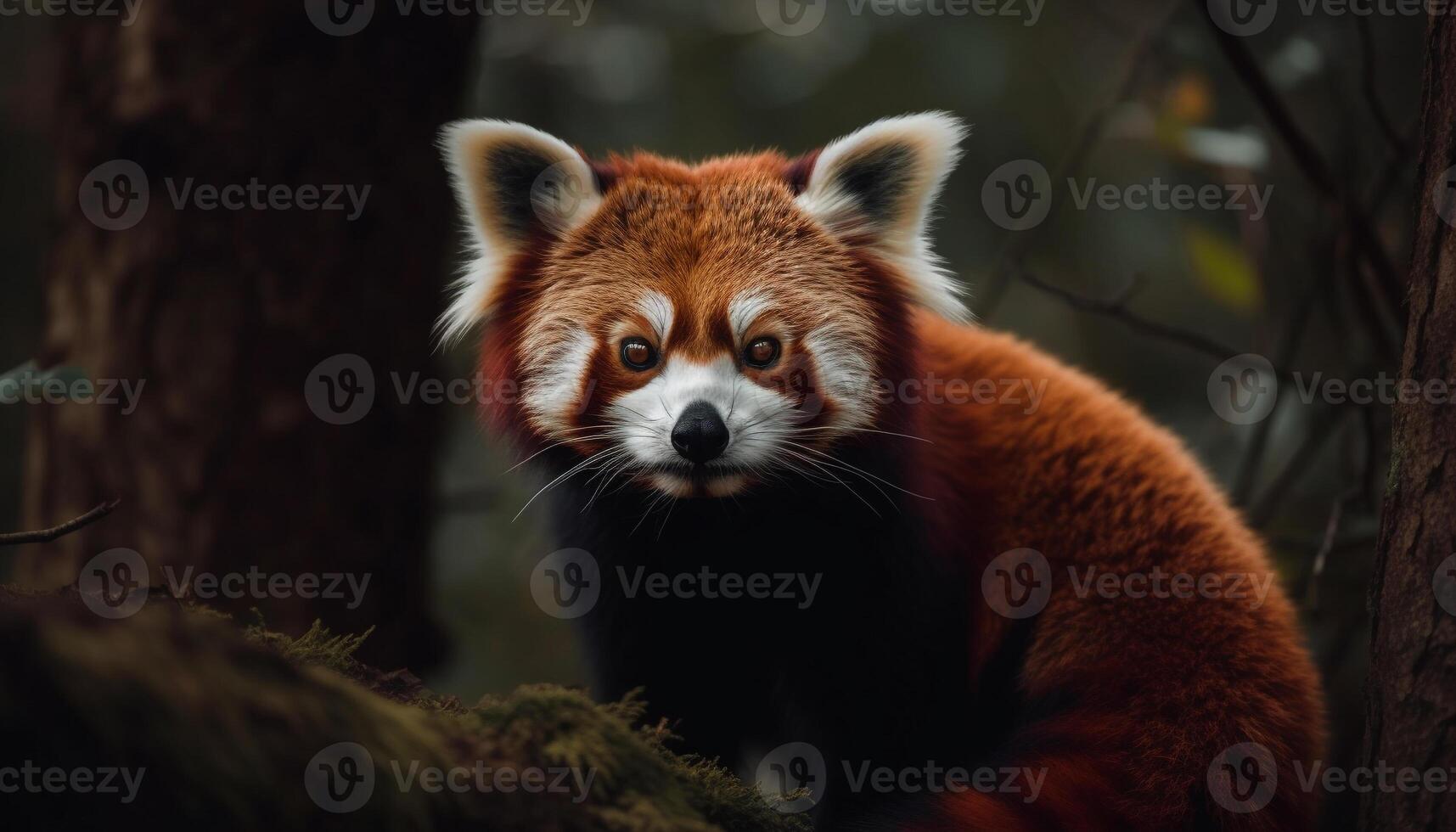 Red fox sitting on branch, staring alertly generated by AI photo