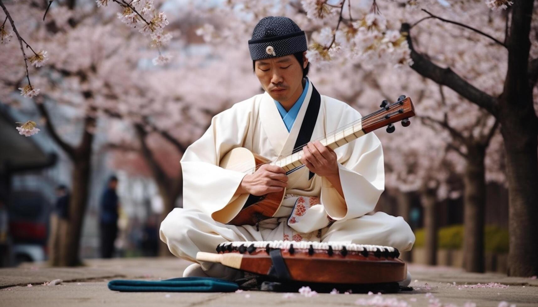 Smiling musician playing guitar outdoors under tree generated by AI photo