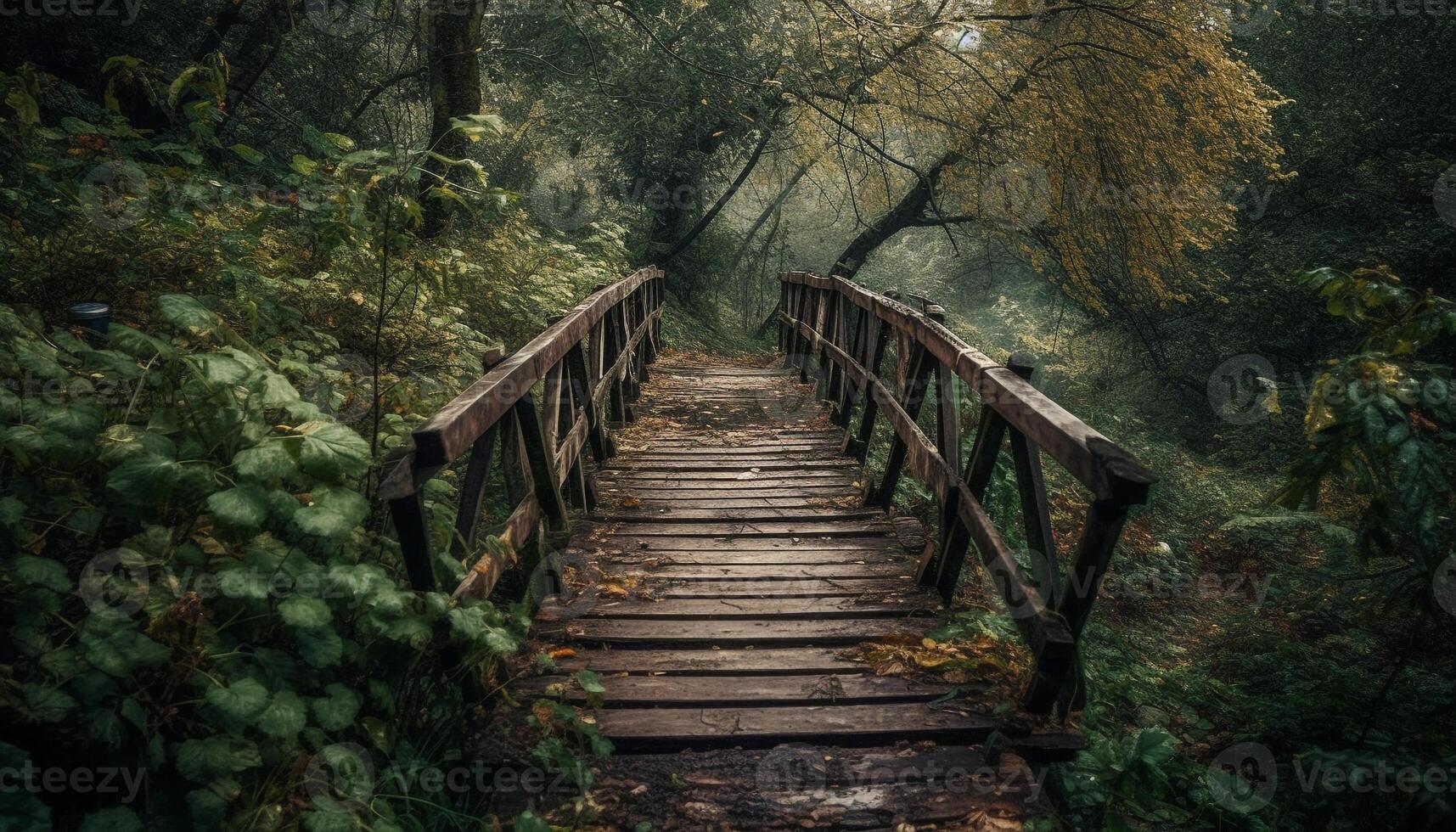 Walking on footbridge, surrounded by autumn beauty generated by AI photo