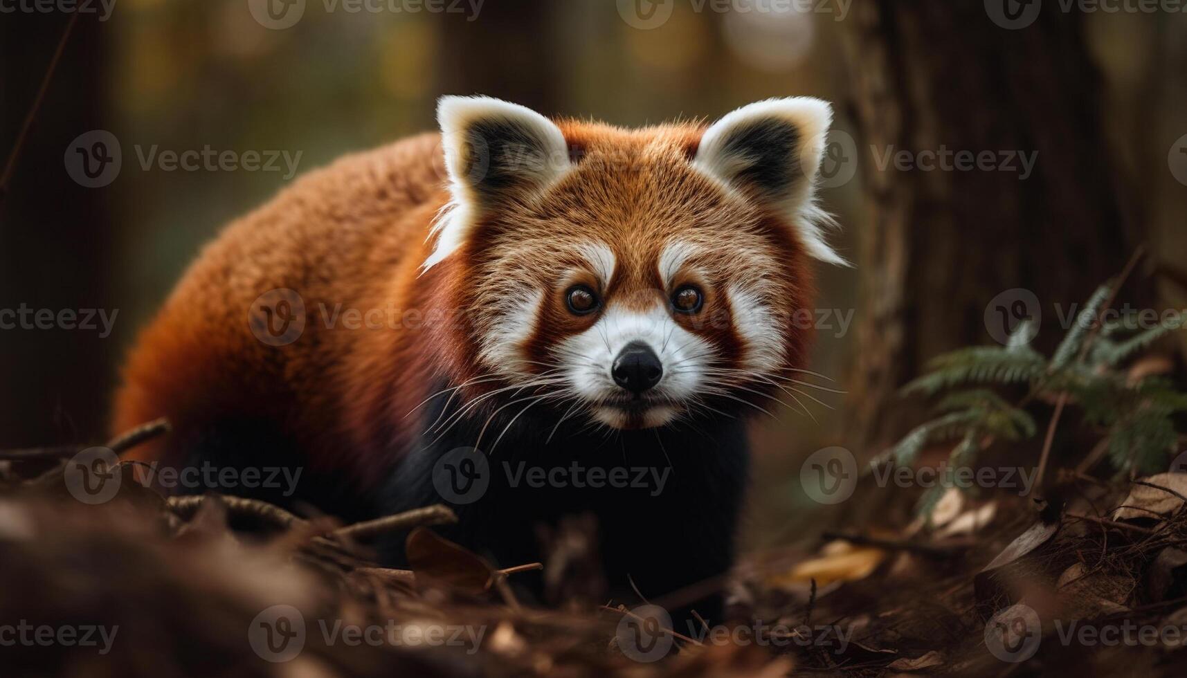 Fluffy red panda sitting on tree branch generated by AI photo