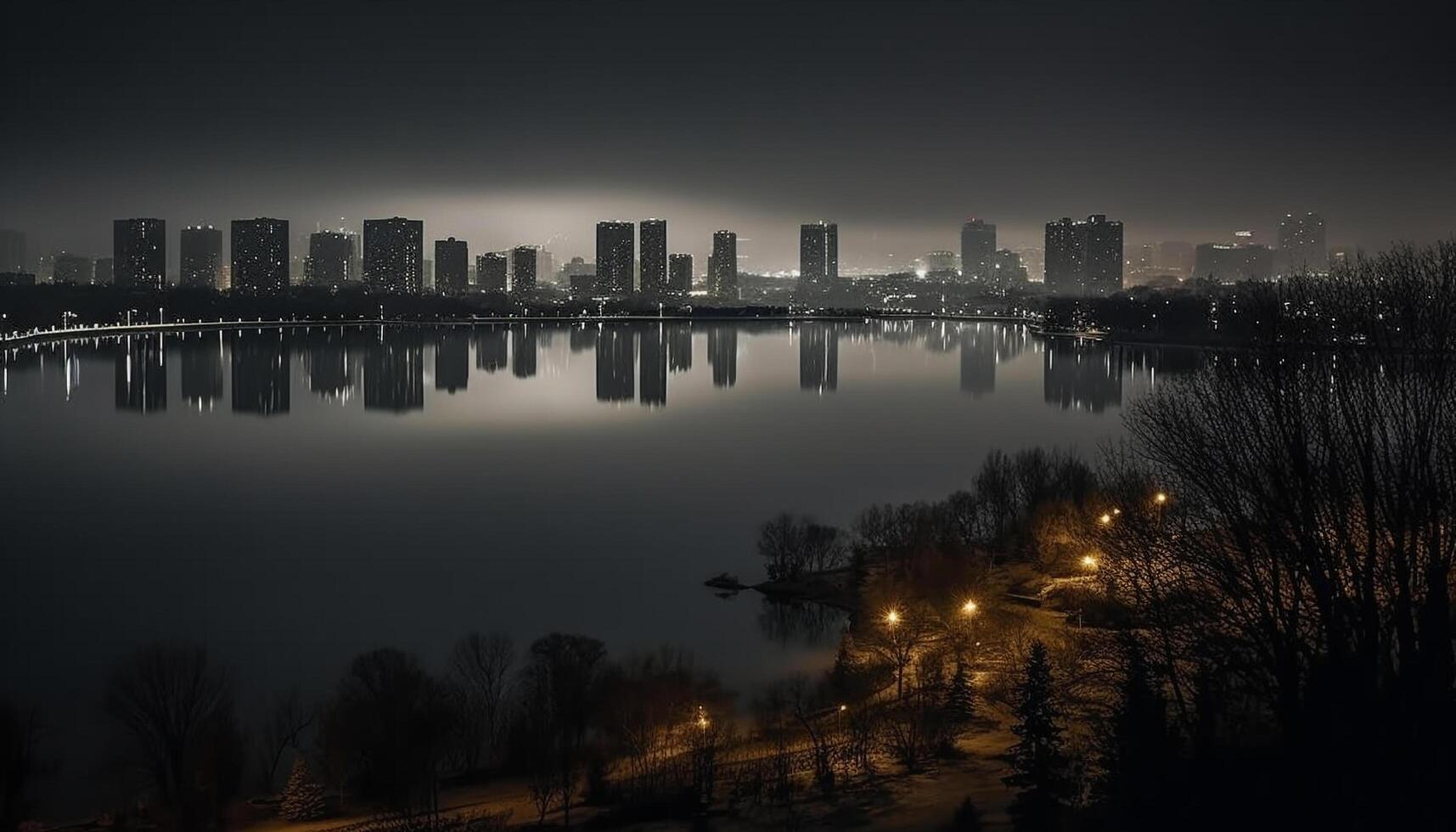 Illuminated city skyline reflects on tranquil water generated by AI photo