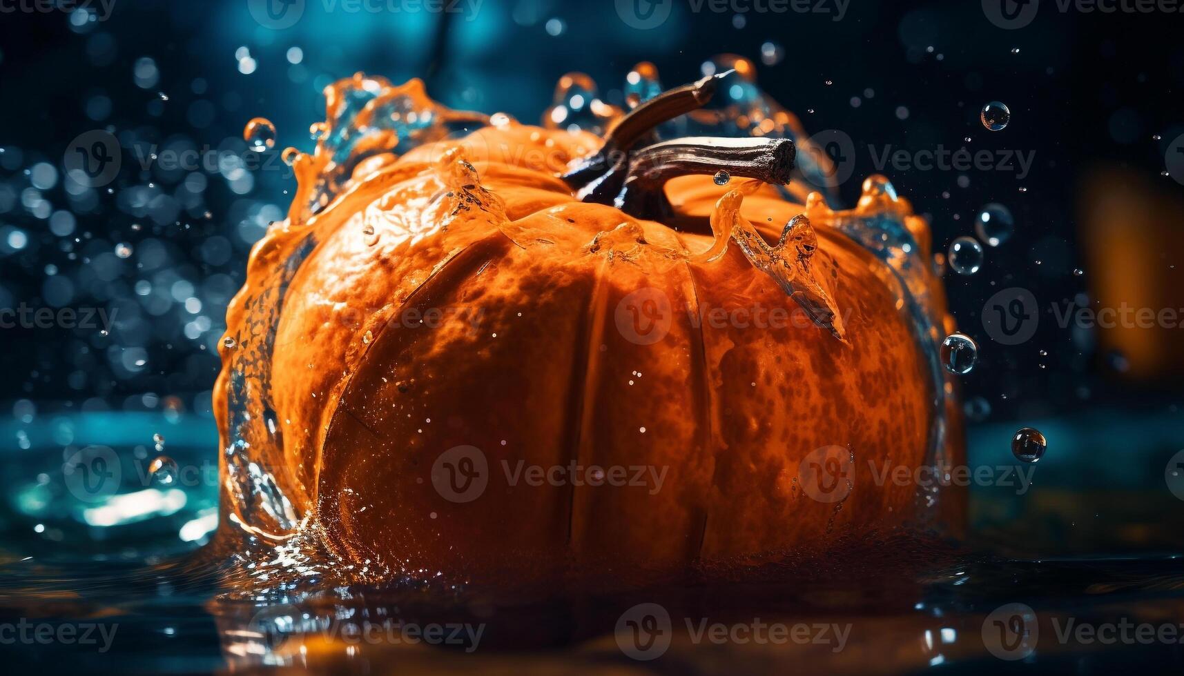 Fresh pumpkin drops in spooky Halloween water generated by AI photo