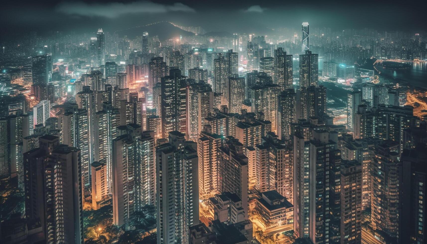 Victoria Peak panoramic cityscape glows with multi colored street lights generated by AI photo