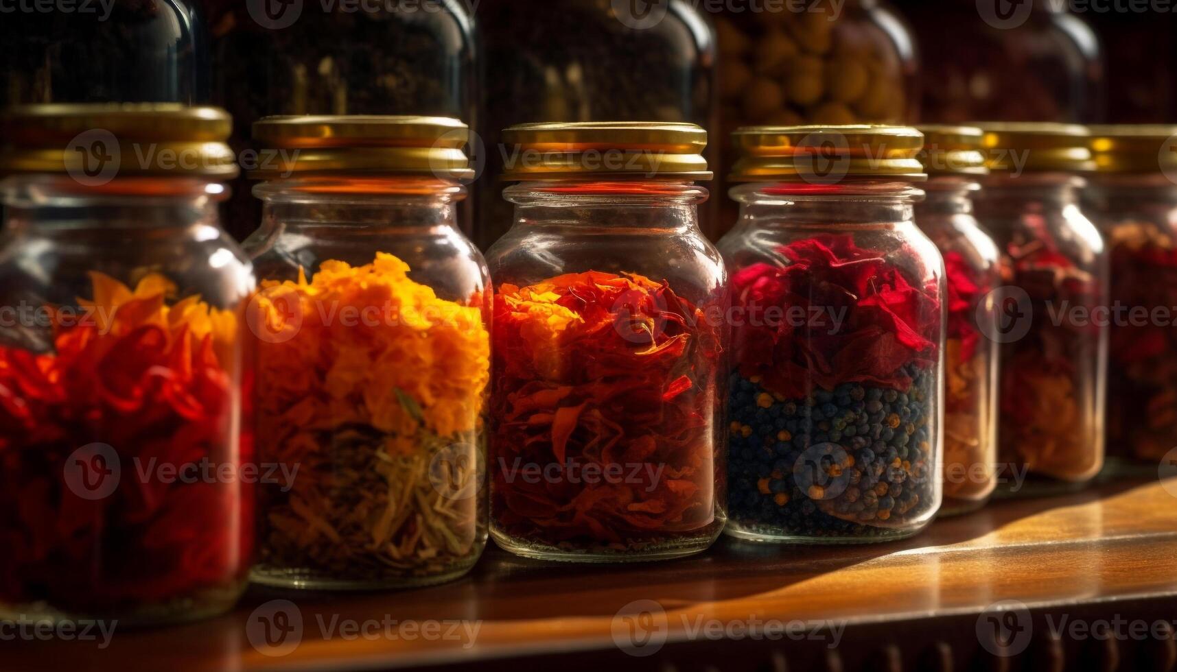 Variety of organic spices in multi colored jars on wooden background generated by AI photo