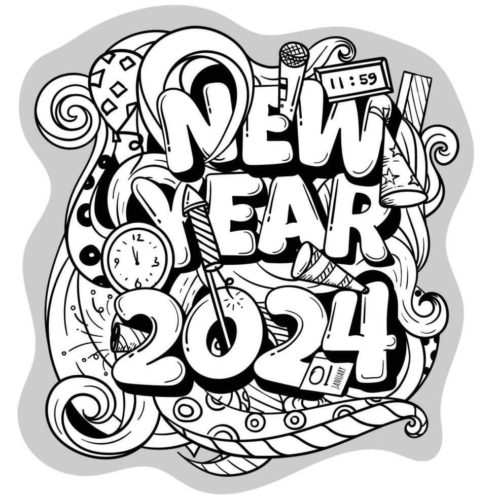 Doodle art cartoon design of new year in black and white concept for new year celebration template vector