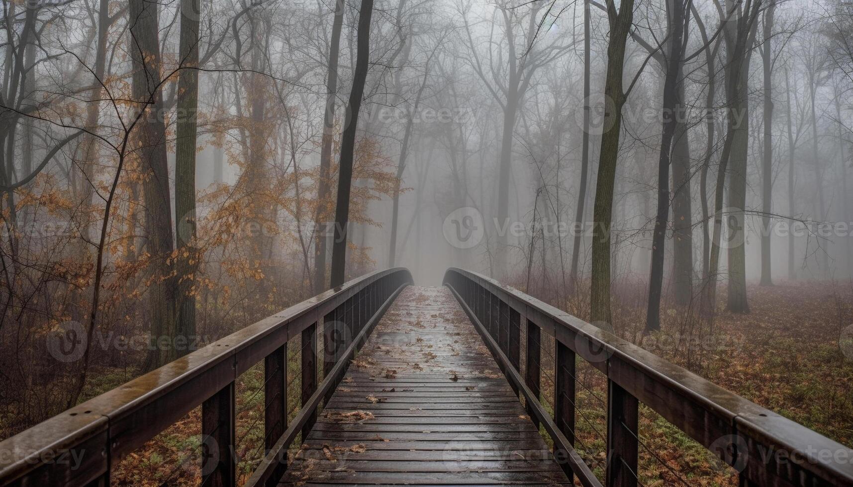 Autumn forest footpath, tranquil beauty in nature generated by AI photo