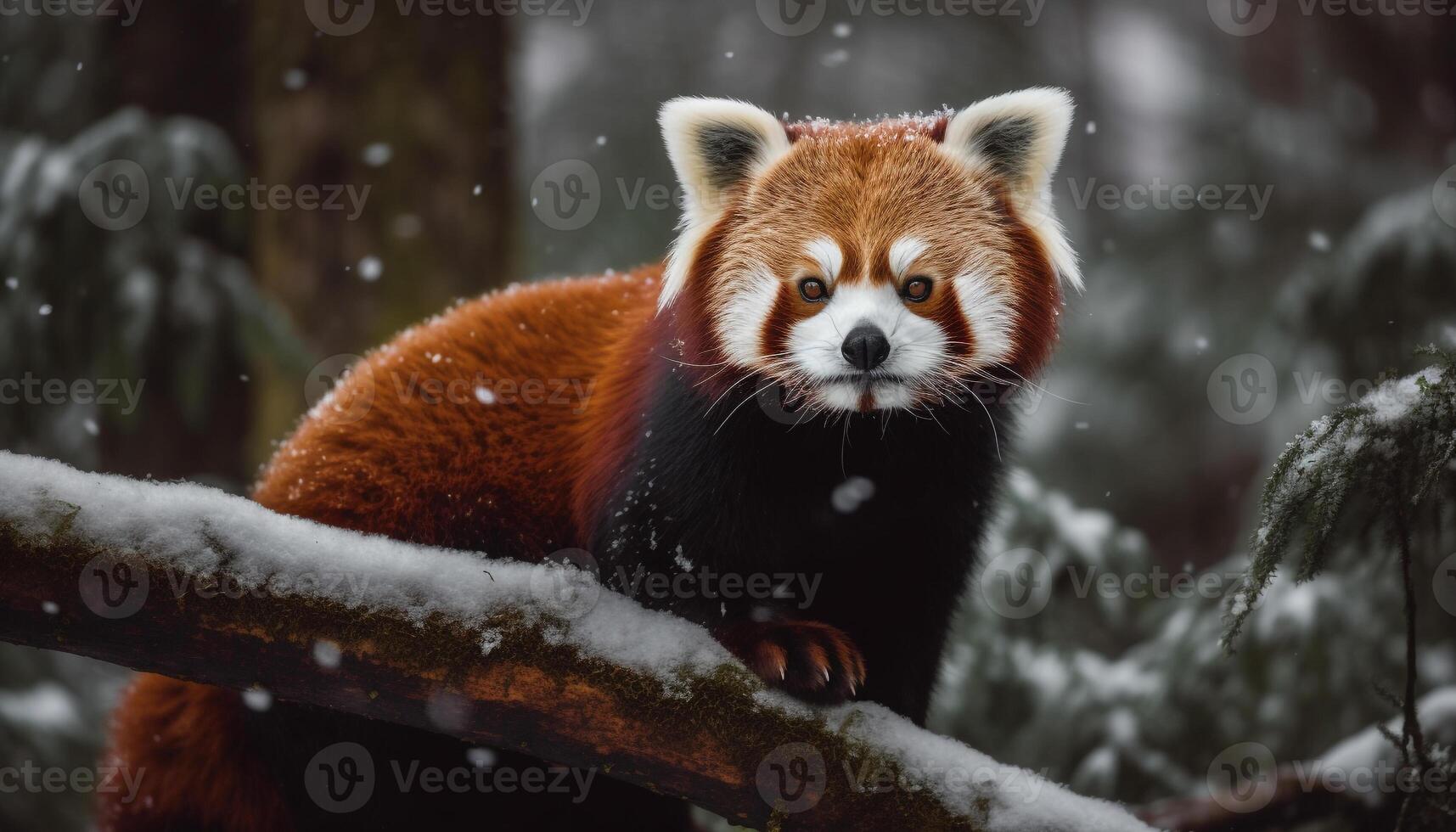 Cute red panda sitting on snowy branch generated by AI photo