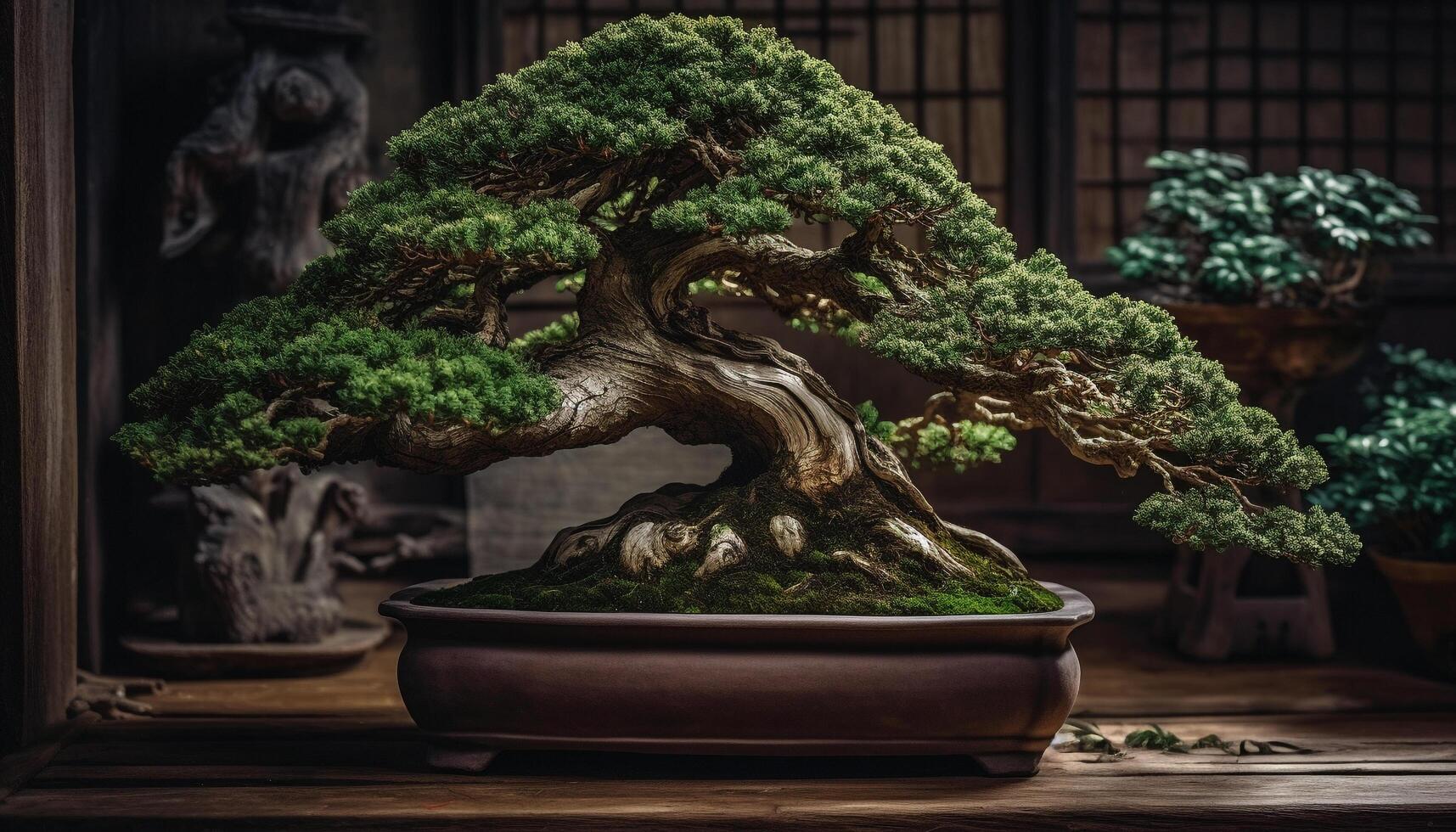 Antique pottery vase holds small potted plant in tranquil forest generated by AI photo