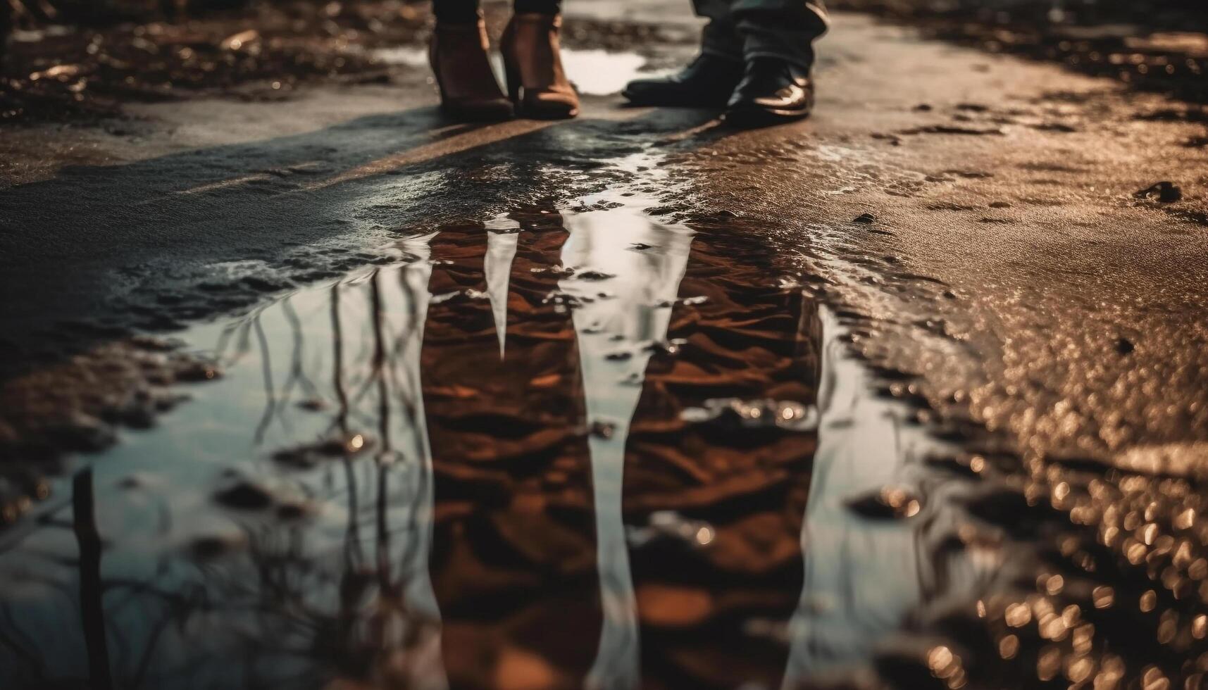 dos hombres caminando en mojado bosque, reflejando en naturaleza belleza generado por ai foto