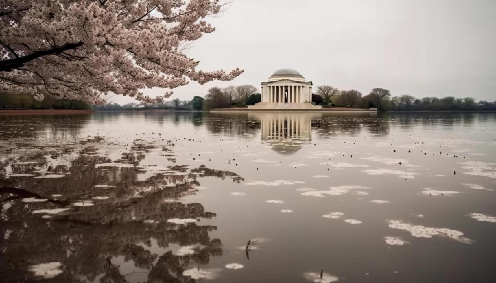 Tranquil cherry blossom reflection in Tidal Basin generated by AI photo