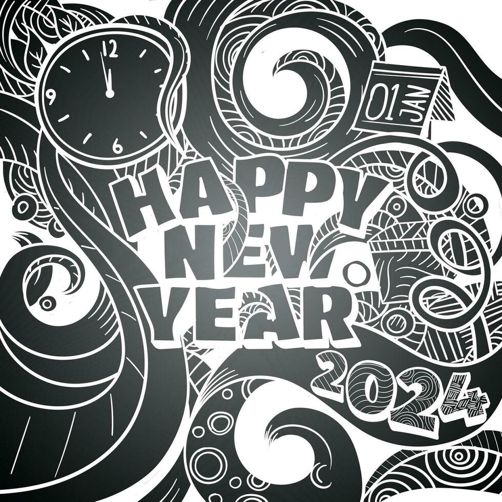 Happy new year 2024 design in doodle art concept in black and white vector