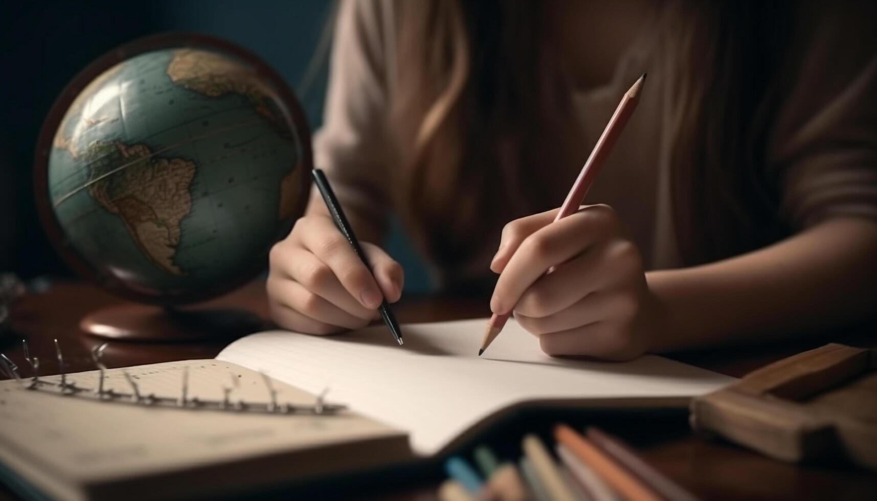 Caucasian schoolgirl sitting at desk studying hard generated by AI photo