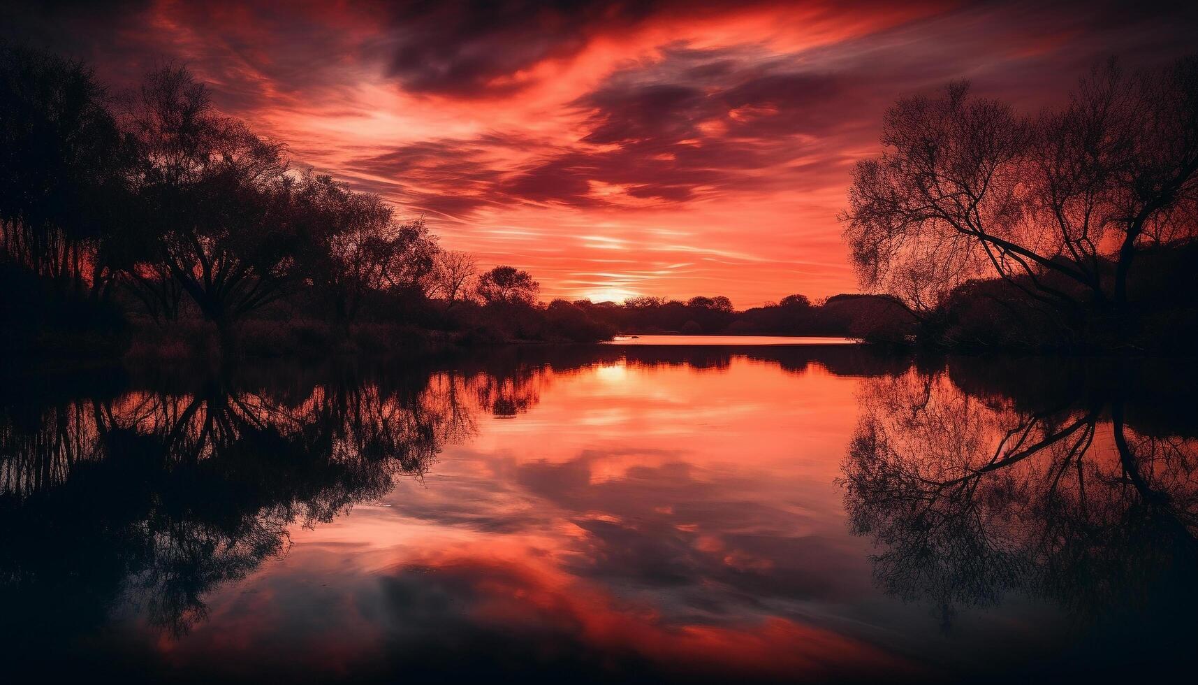 Silhouette of tree back lit by vibrant sunset over water generated by AI photo