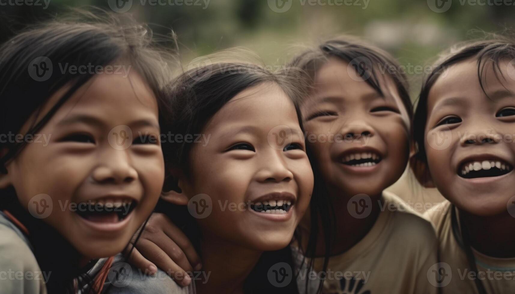 niños jugando al aire libre, sonriente con despreocupado alegría y emoción generado por ai foto