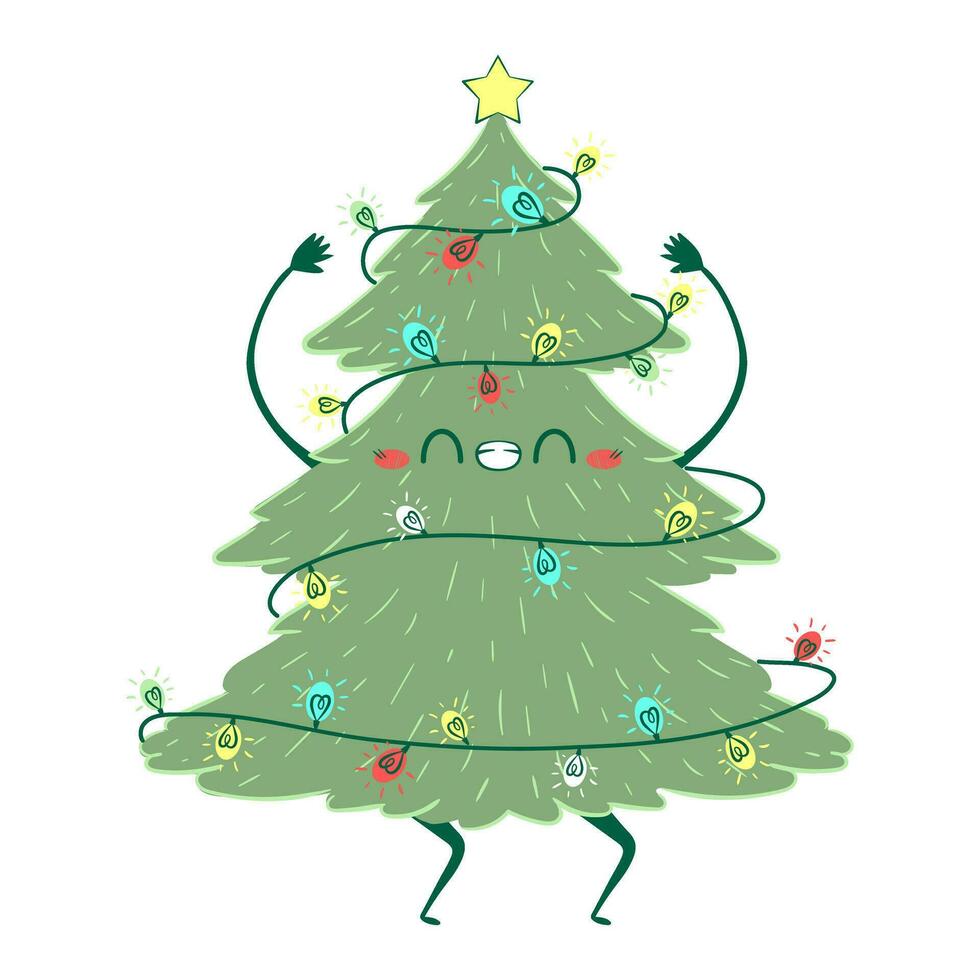 kawaii garabatear Navidad árbol baile. para niños hecho a mano ingenuo estilo. sencillo nuevo año personaje aislado en blanco antecedentes. contento abeto concepto. vector