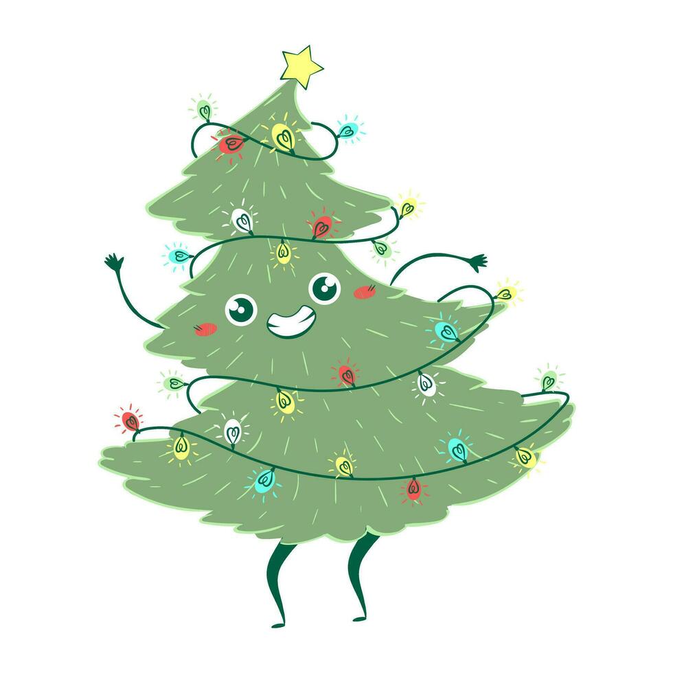 Kawaii doodle Christmas tree dancing. Children's handmade naive style. Simple New Year character isolated on white background. Happy spruce concept. vector