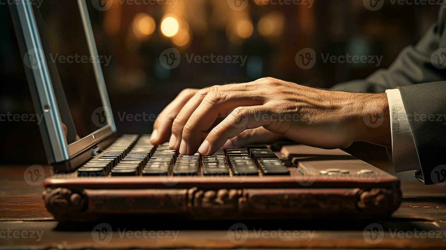 negocio concepto. foto cerca arriba de empresario mano es mecanografía con un ordenador portátil teclado. haciendo trabajar, surf Internet, charlando, investigación mercado datos. generativo ai