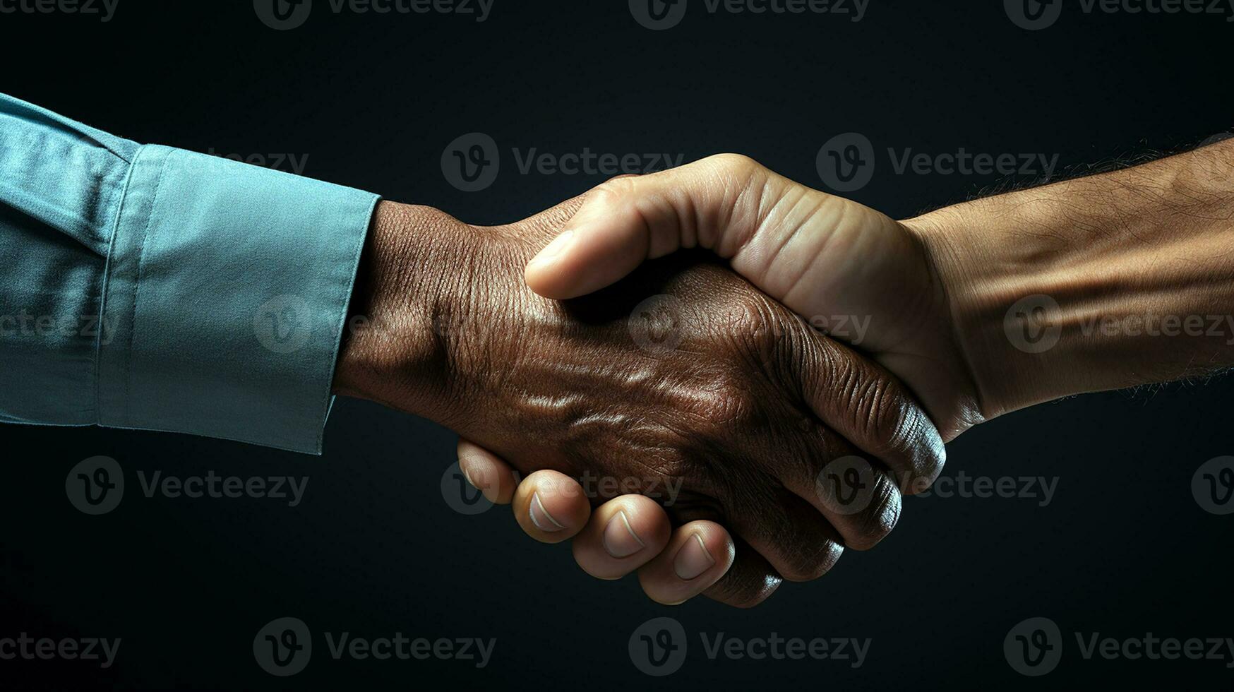 Photo close up of hand during hand shaking. Old people's hands and young people's hand during hand shaking. Isolated on black background. Generative AI
