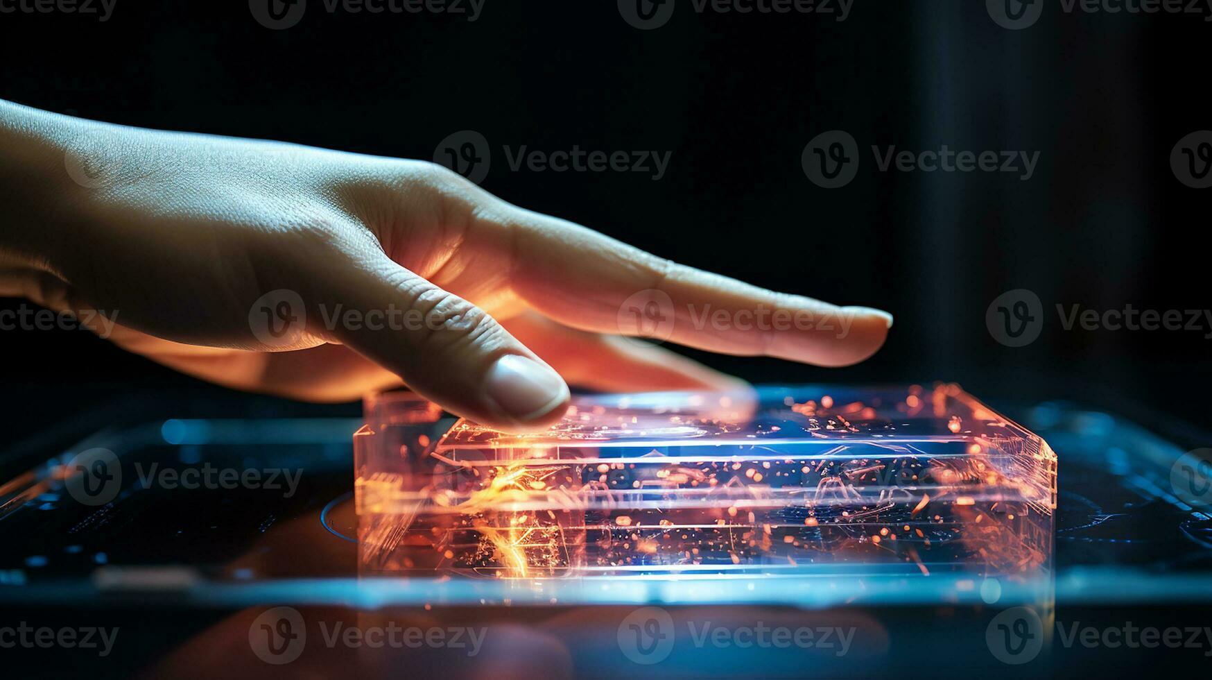 Technology and futuristic concept. Photo of close up of hand operating hologram screen. Doing data research, security system checking. Generative AI