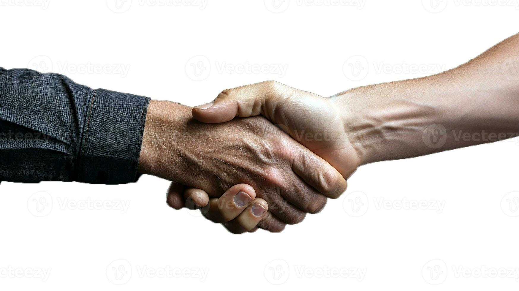 Photo close up of hand during hand shaking. Old people's hands and young people's hand during hand shaking. Isolated on white background. Generative AI