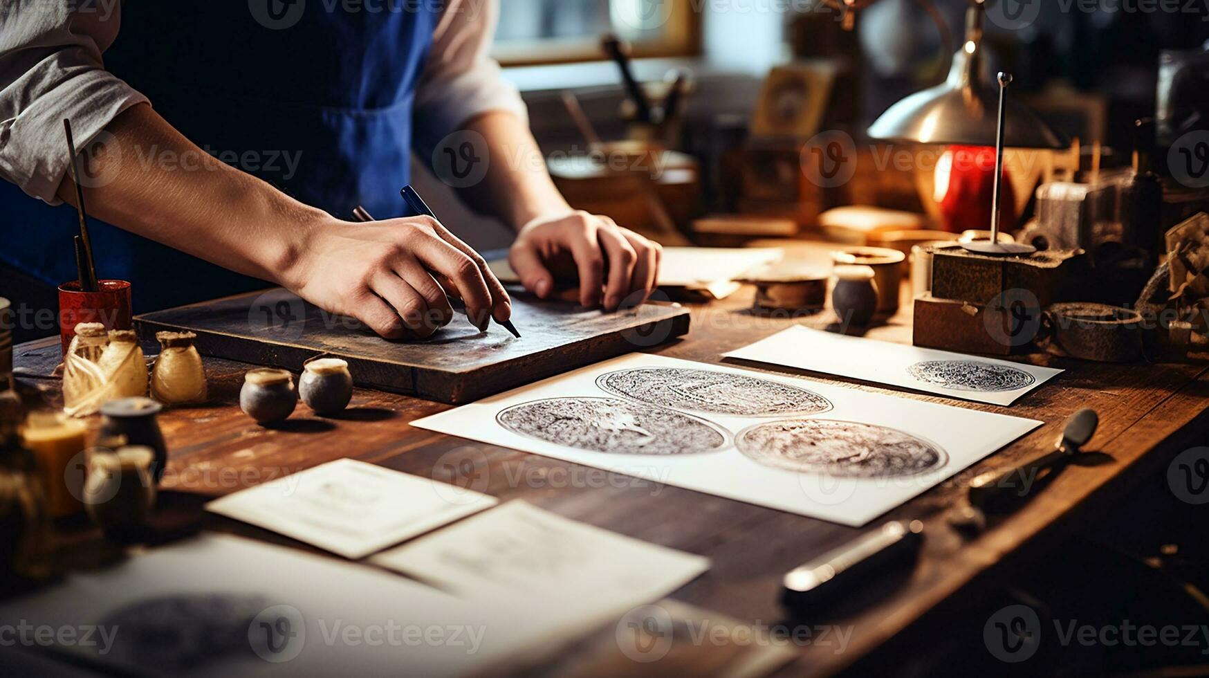 Photo of a painter artist is preparing painting tools at a workbench inside studio. Generative AI