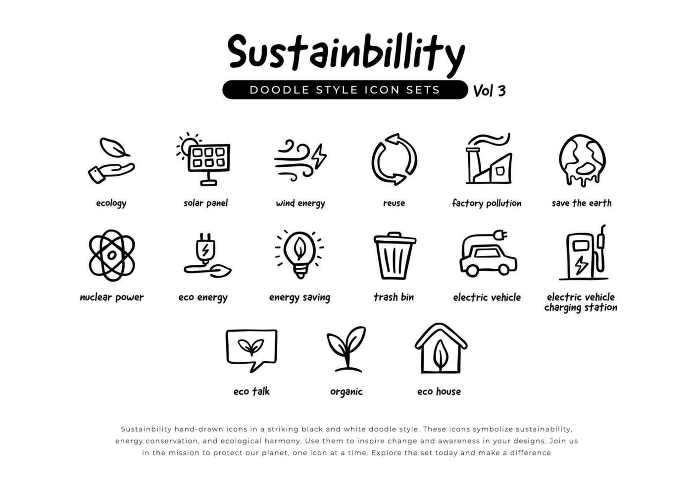 conjunto de sustentabilidad verde energía y ecología garabatear mano dibujado línea iconos volumen 3 íconos conjunto para renovable energía, verde tecnología y ecología. vector ilustración