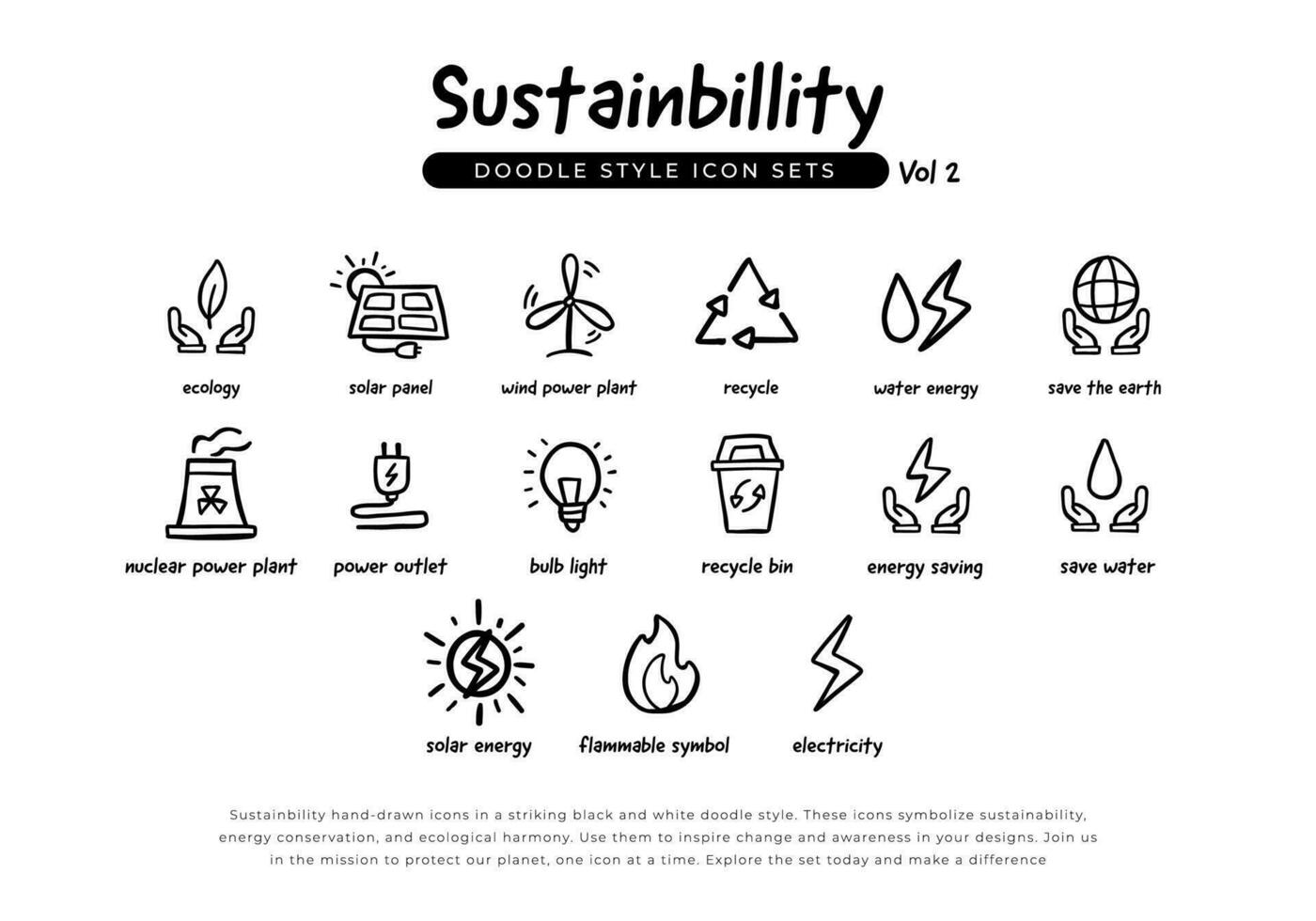 Set of sustainability green energy and ecology doodle hand drawn line icons. Volume 2 Icons set for renewable energy, green technology and ecology. vector illustration