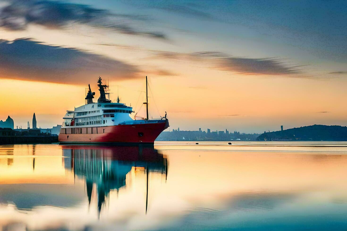 un rojo barco en el agua a puesta de sol. generado por ai foto