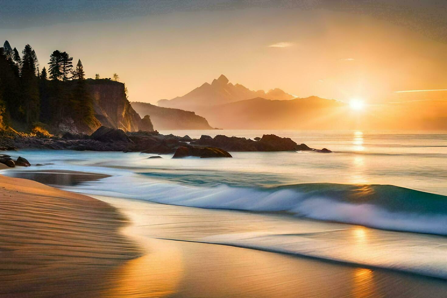 the sun rises over a beach and mountains. AI-Generated photo