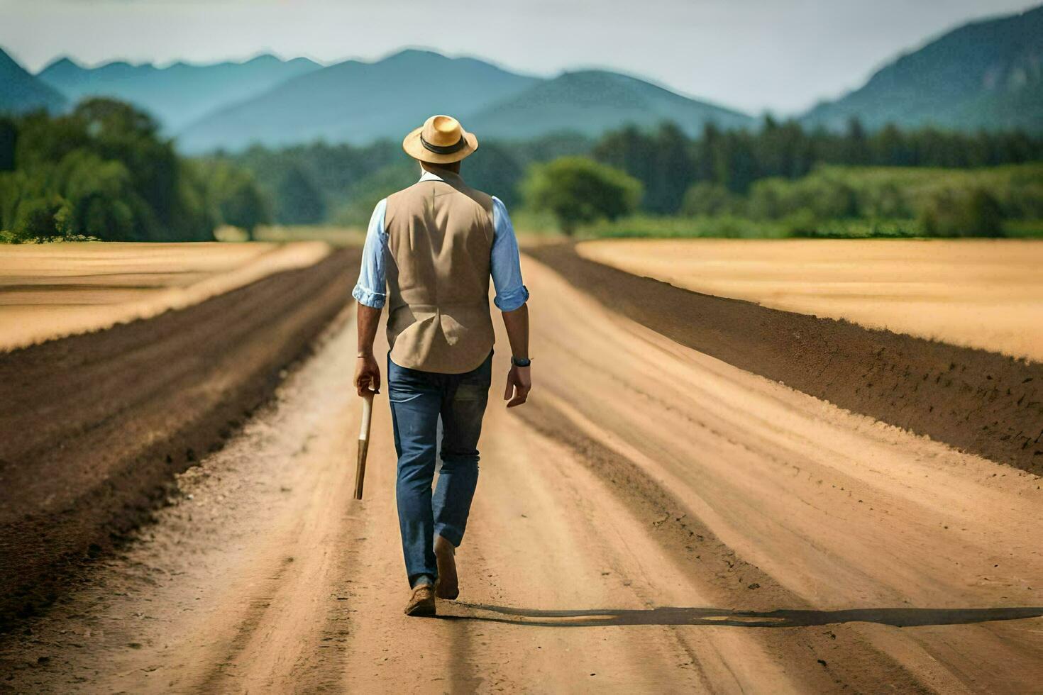 a man walking down a dirt road with a cane. AI-Generated photo