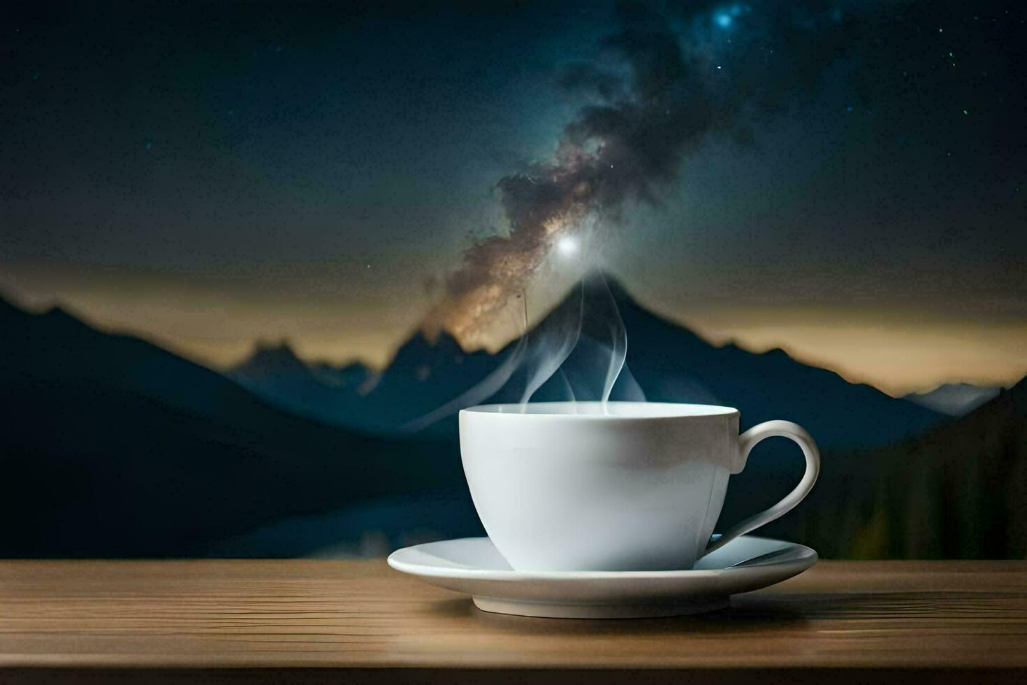 a cup of coffee on a table in front of a mountain range. AI-Generated photo