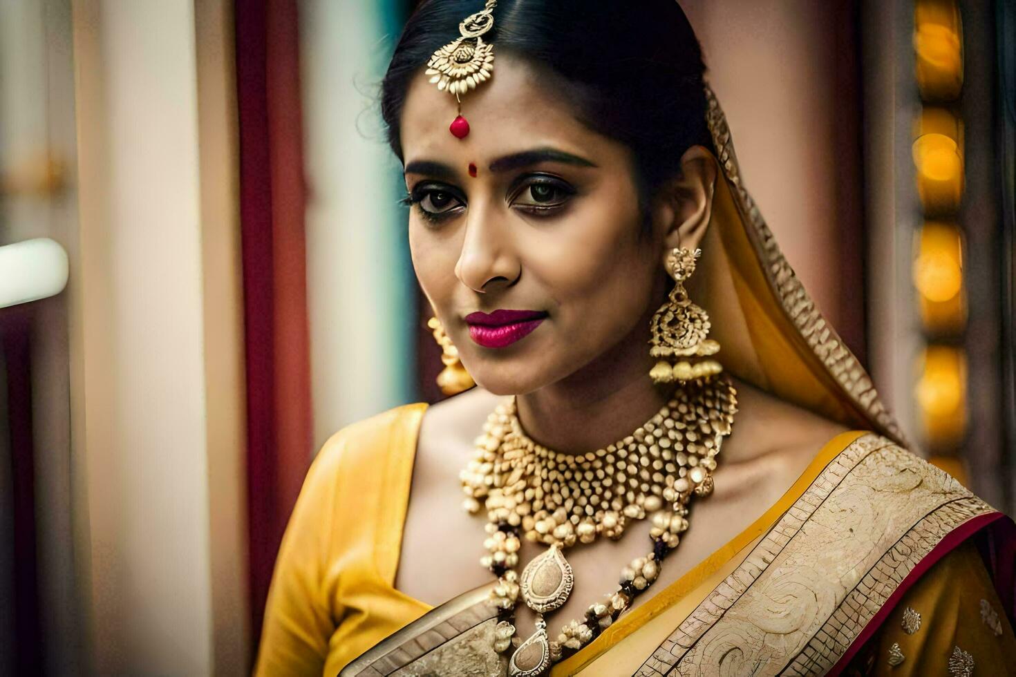 a beautiful indian bride in a yellow sari. AI-Generated photo