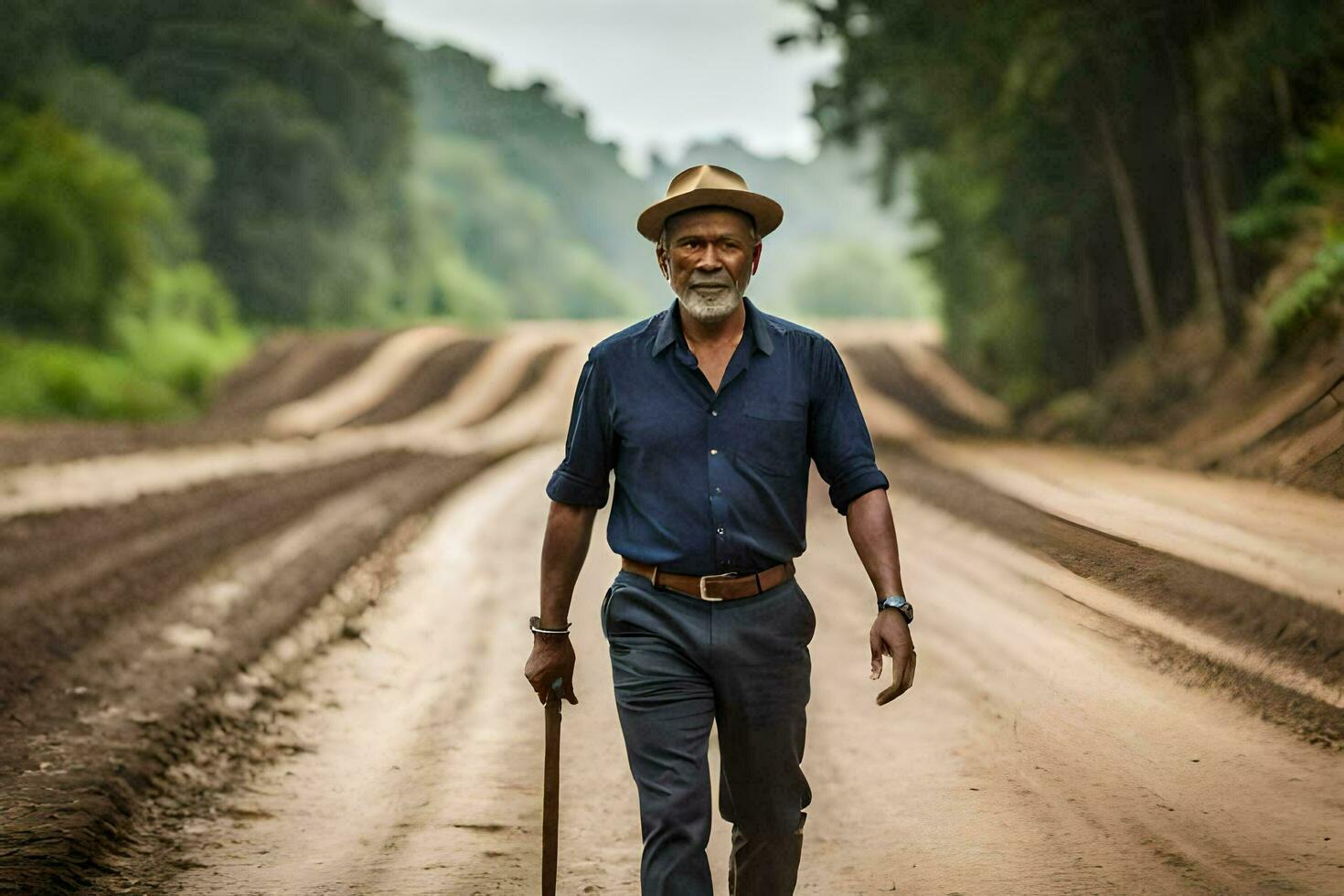 an old man walking down a dirt road. AI-Generated photo