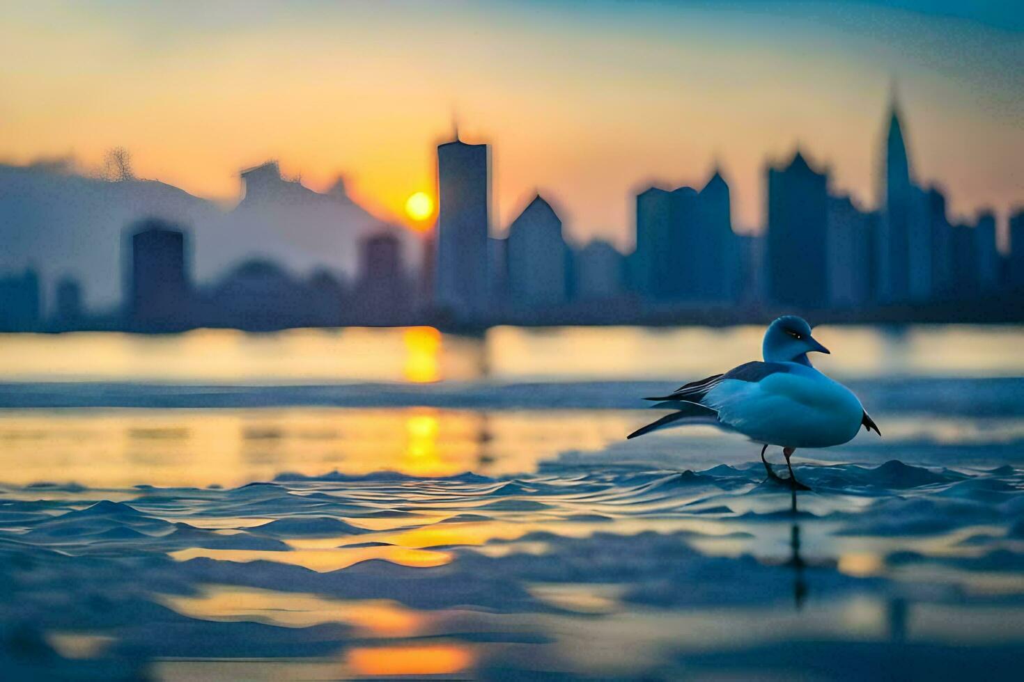 a seagull standing on the beach with the city skyline in the background. AI-Generated photo