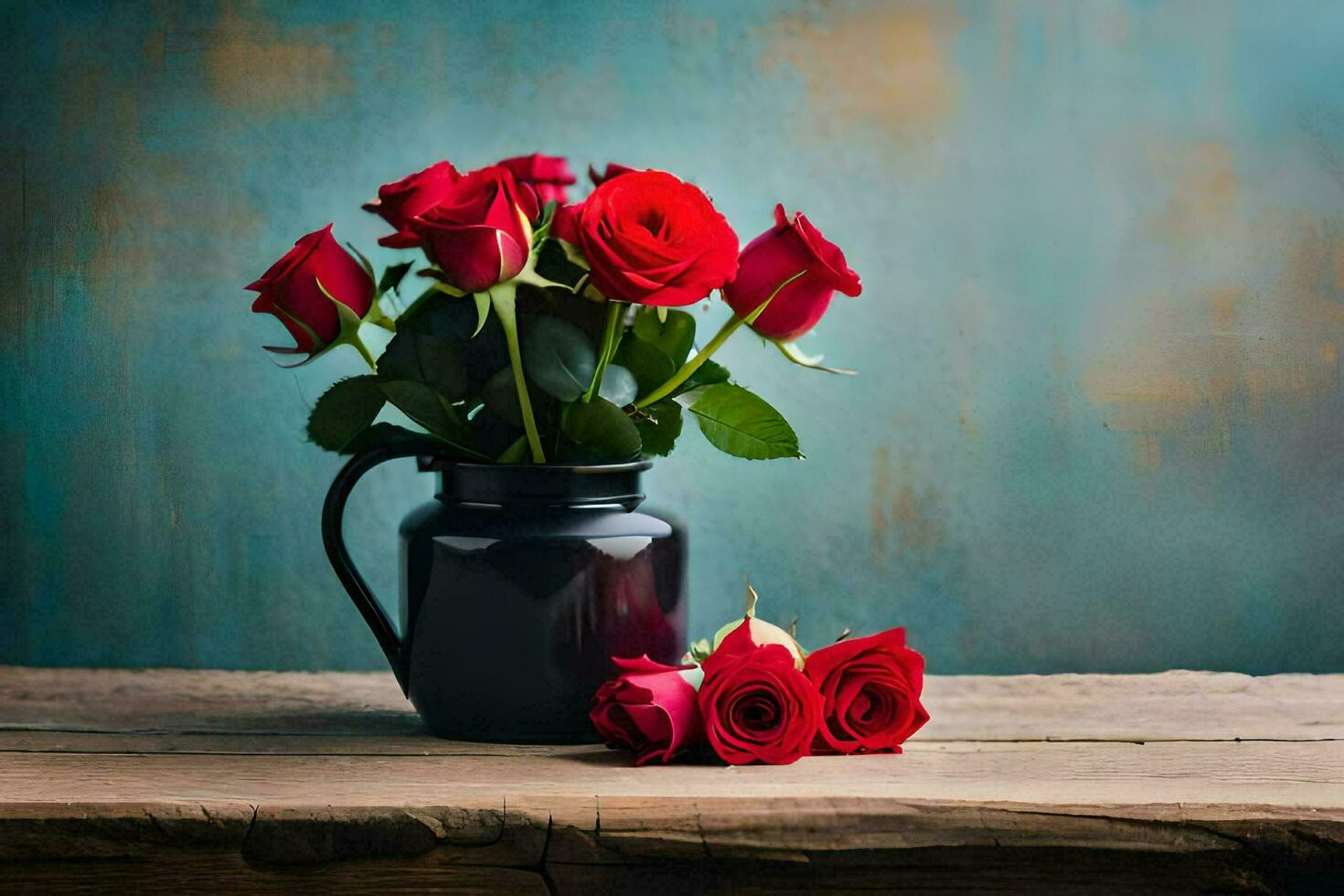 red roses in a black vase on a wooden table. AI-Generated photo