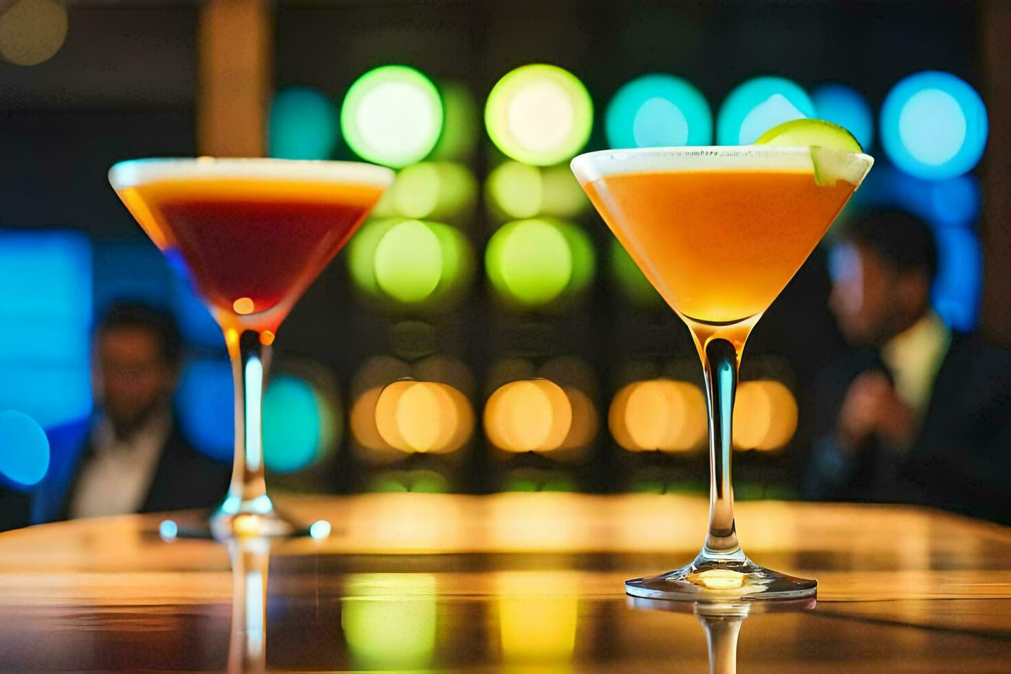 two cocktails sit on a bar with a background of people. AI-Generated photo