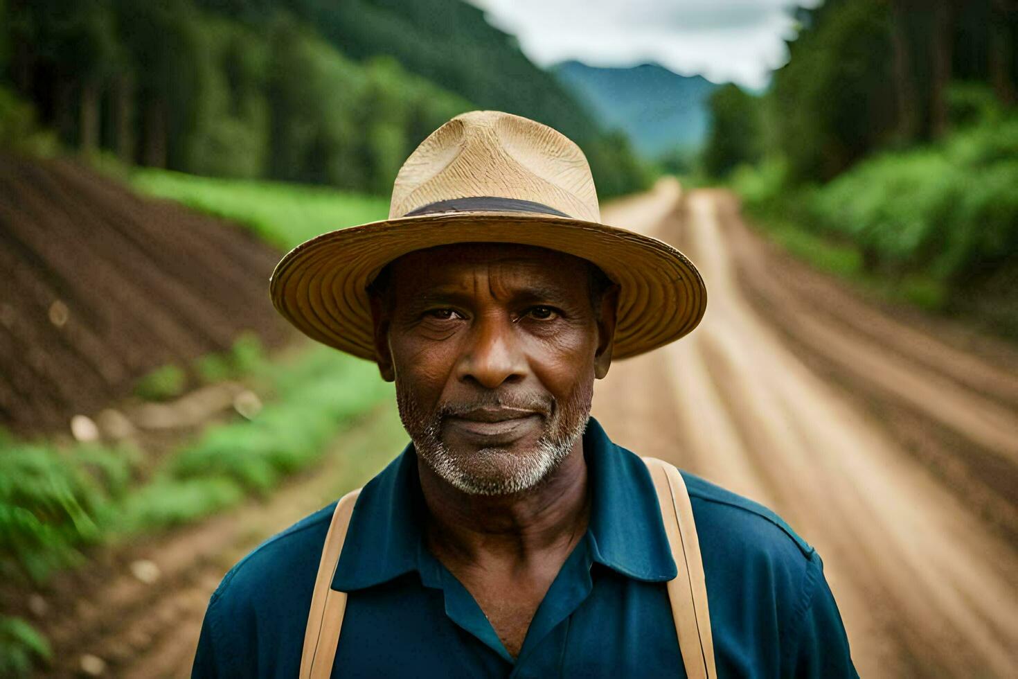 a man in a hat standing on a dirt road. AI-Generated photo